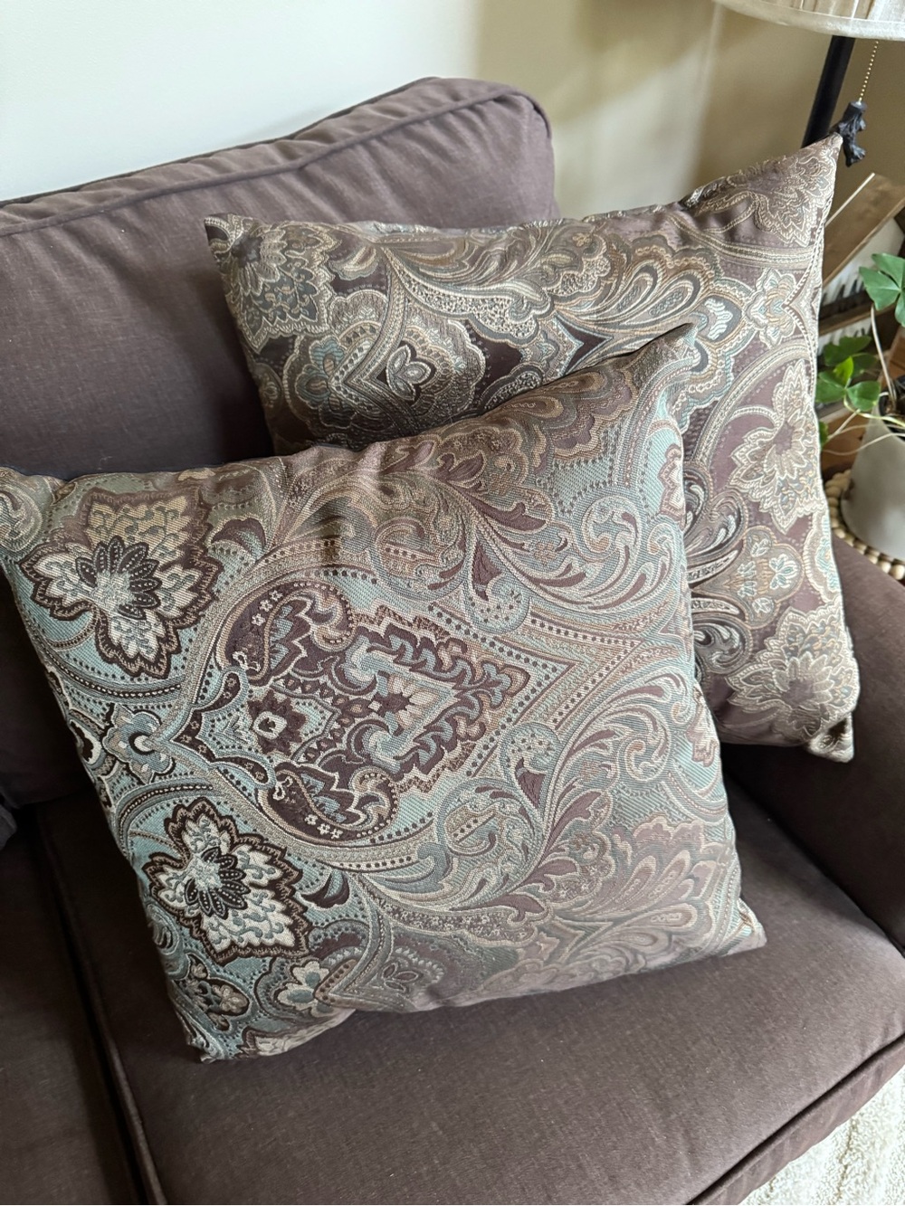 Decorative Paisley Throw Pillow Pair in Brown Taupe and Light Turquoise Blue